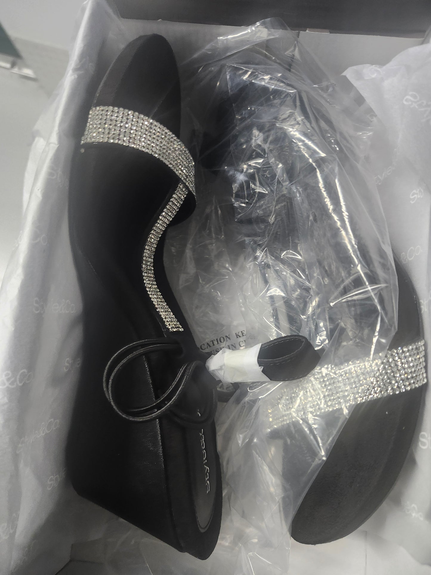 Style & Co Mulan Embellished Wedge Sandals 9.5MUS Black/Silver