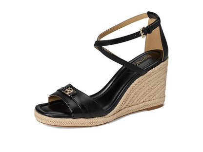 MICHAEL Michael Kors Mandy Wedge Sandals, Black Leather Size 7M