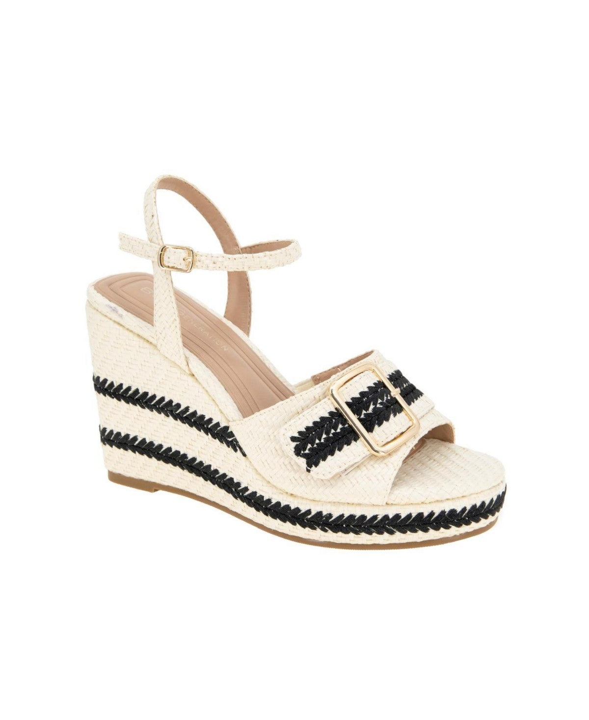 BCBGeneration Elo Buckle Wedge Sandals - Porcelain, Black Size 7US