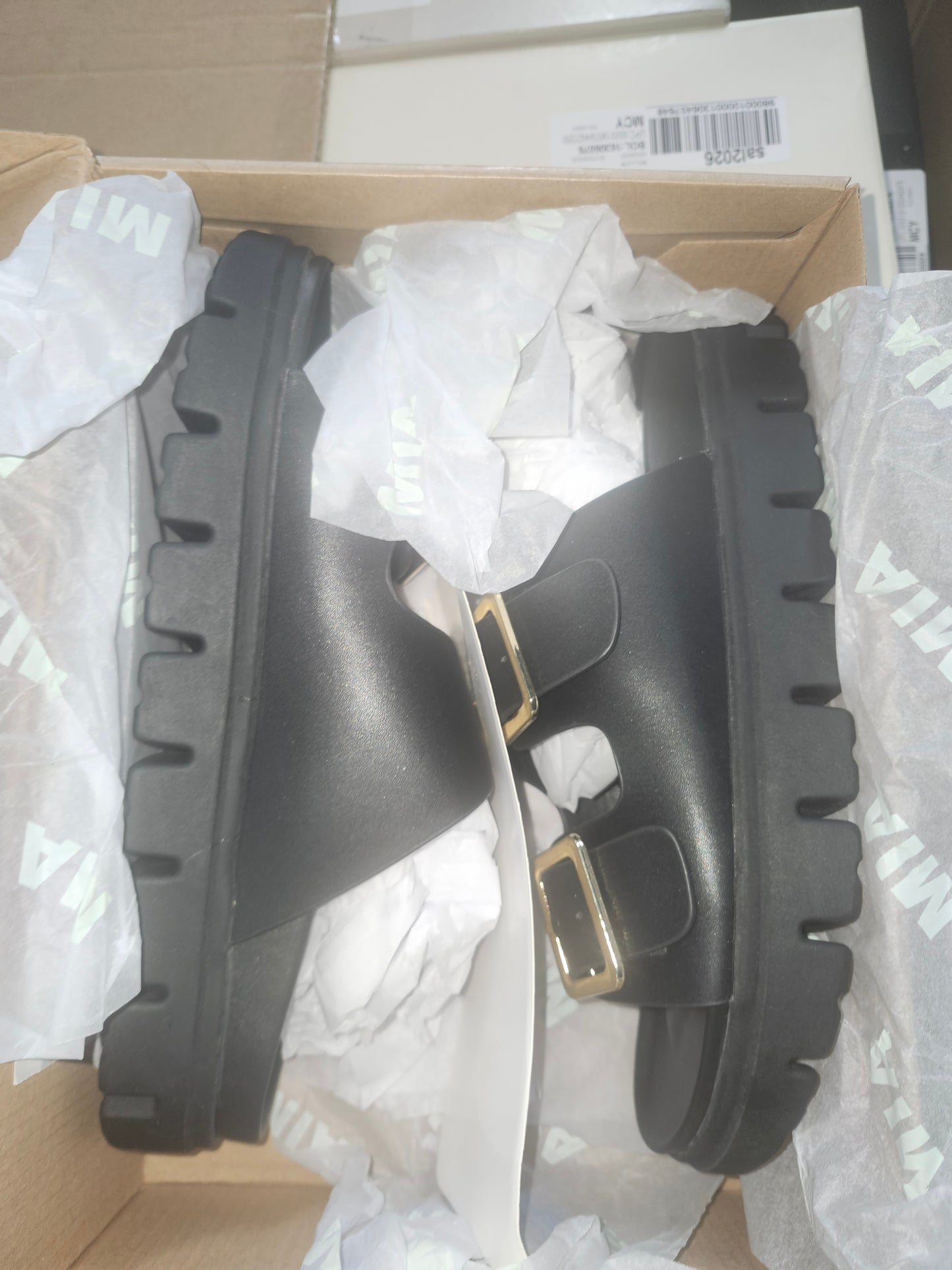 MIA Gen Women's Black/Gold Buckle Wedge Shoes, Size 9