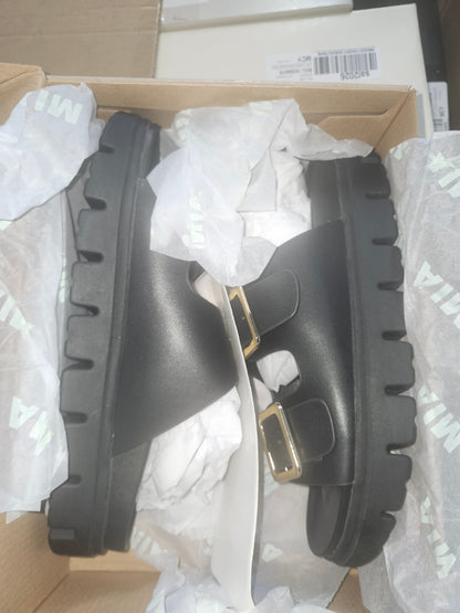 MIA Gen Women's Black/Gold Buckle Wedge Shoes, Size 9