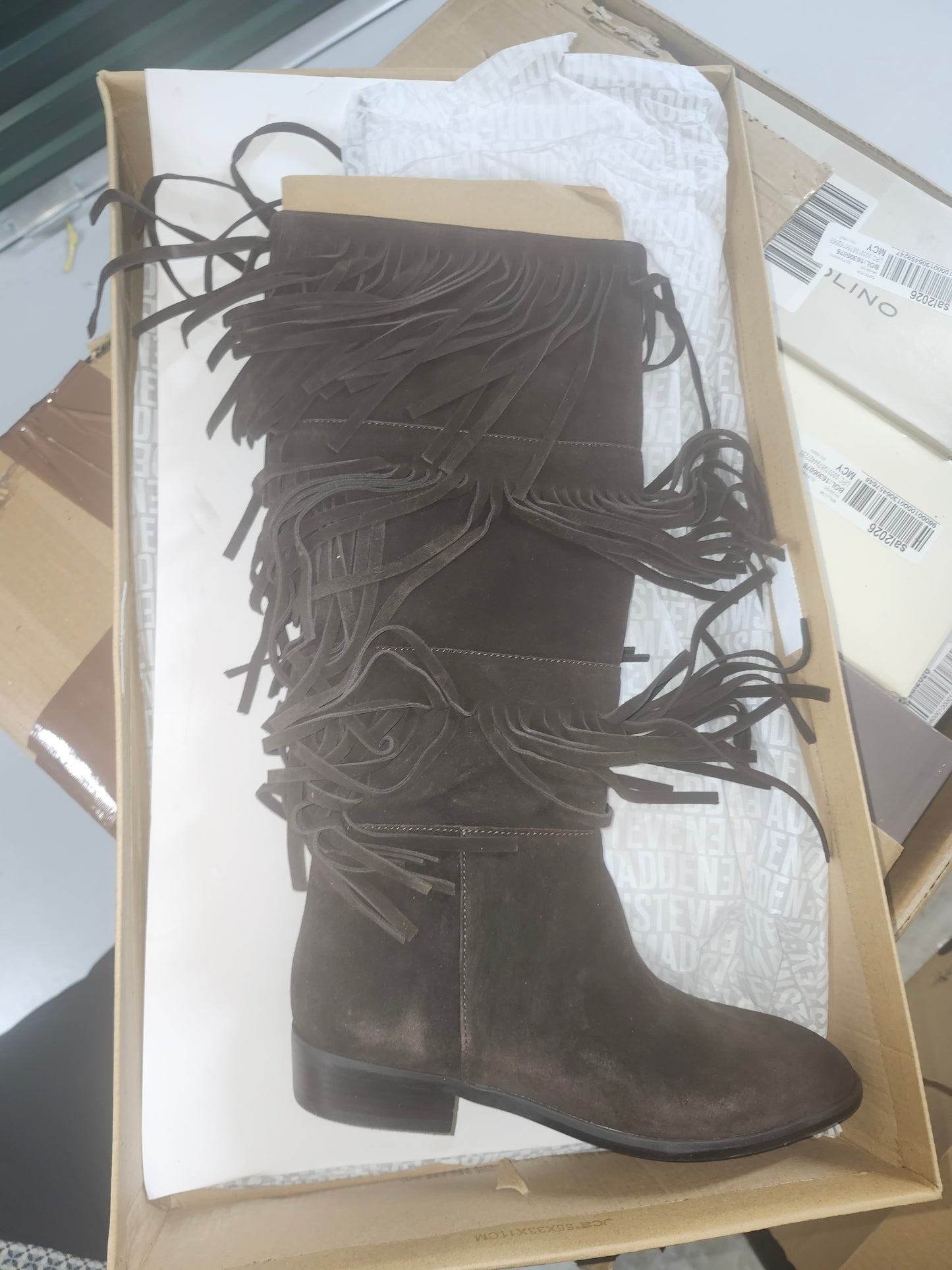 Steve Madden Women's Spur Knee-High Fringe Boots - Brown Suede