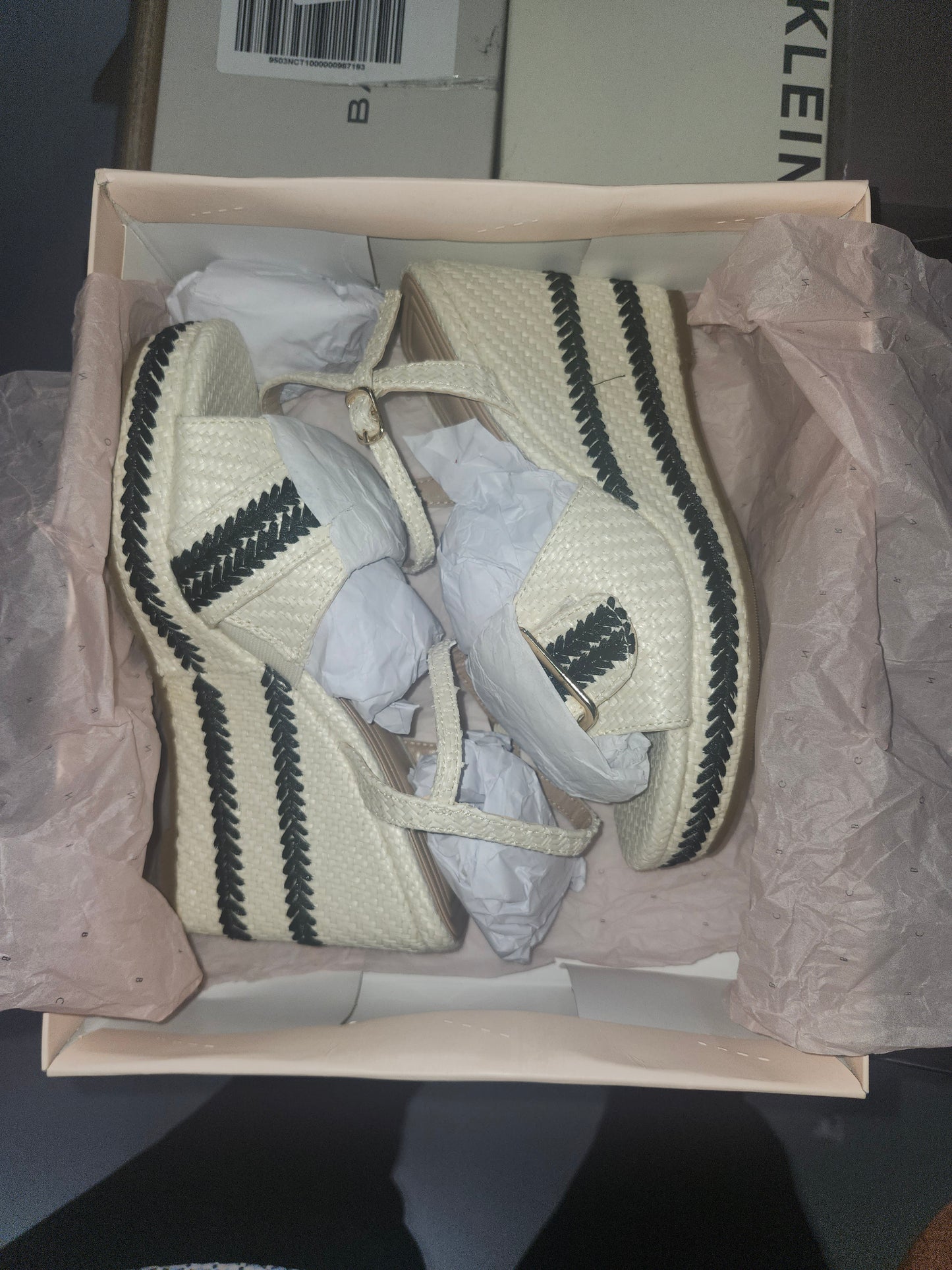 BCBGeneration Elo Buckle Wedge Sandals - Porcelain, Black Size 7US