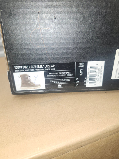 Sorel Youth Explorer Lace WP Boot Size 5 - Stone Green