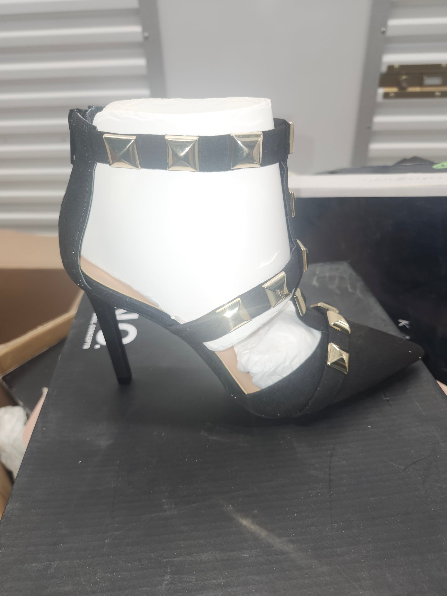 INC Syndia Black Studded Strappy Pointed Toe Stiletto Pumps