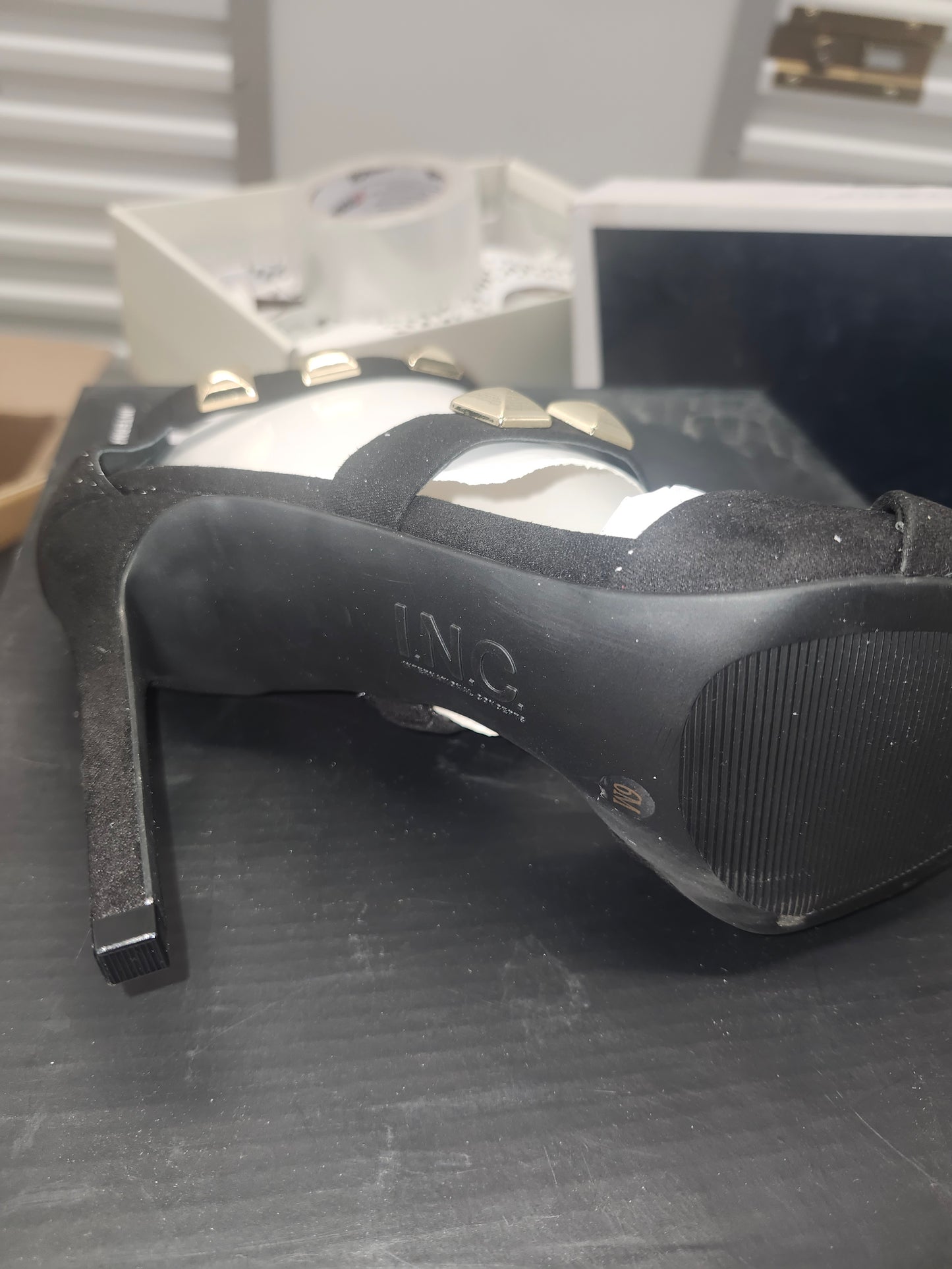 INC Syndia Black Studded Strappy Pointed Toe Stiletto Pumps