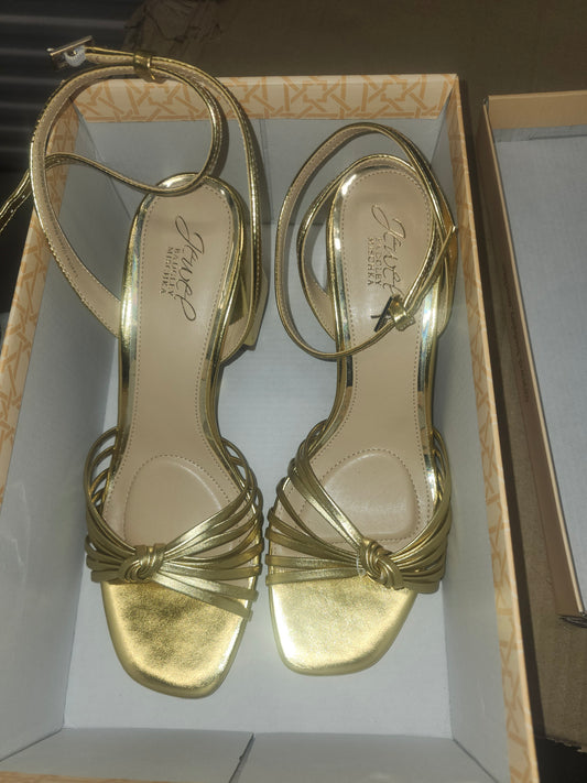 Jewel Badgley Mischka Nariah Gold Leather Sandals, Size 8.5MUS