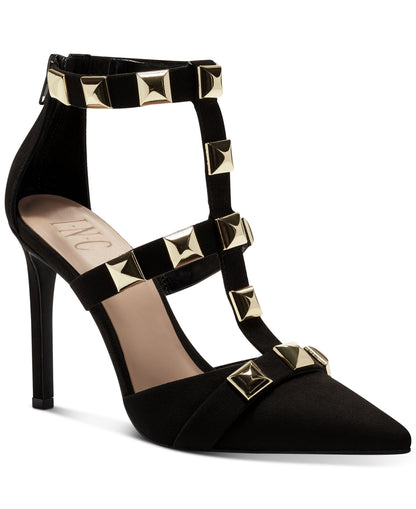 INC Syndia Black Studded Strappy Pointed Toe Stiletto Pumps