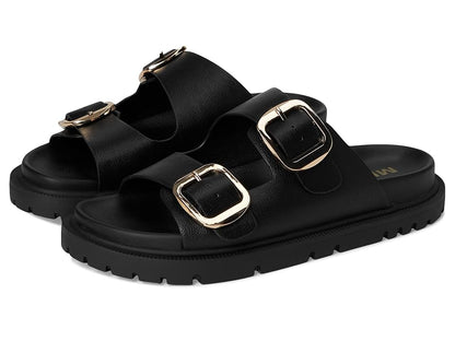 MIA Gen Women's Black/Gold Buckle Wedge Shoes, Size 9